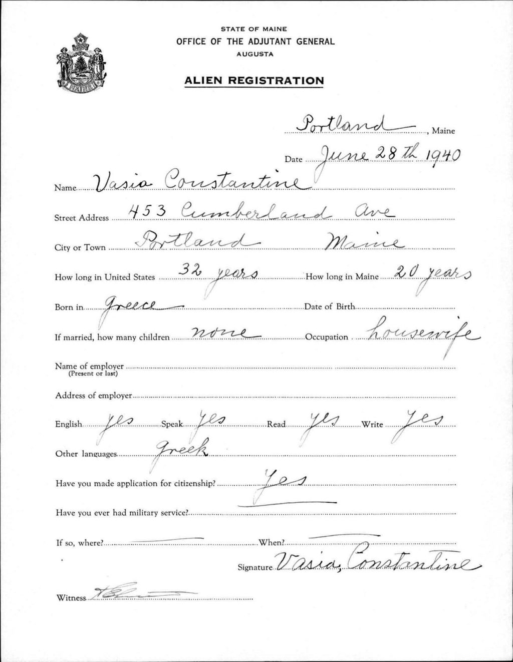 Miniature of Alien Registration- Constantine, Vasia (Portland, Cumberland County)