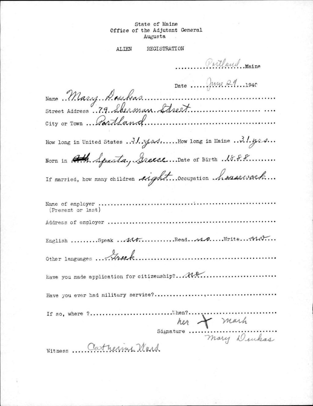 Miniature of Alien Registration- Doukas, Mary (Portland, Cumberland County)