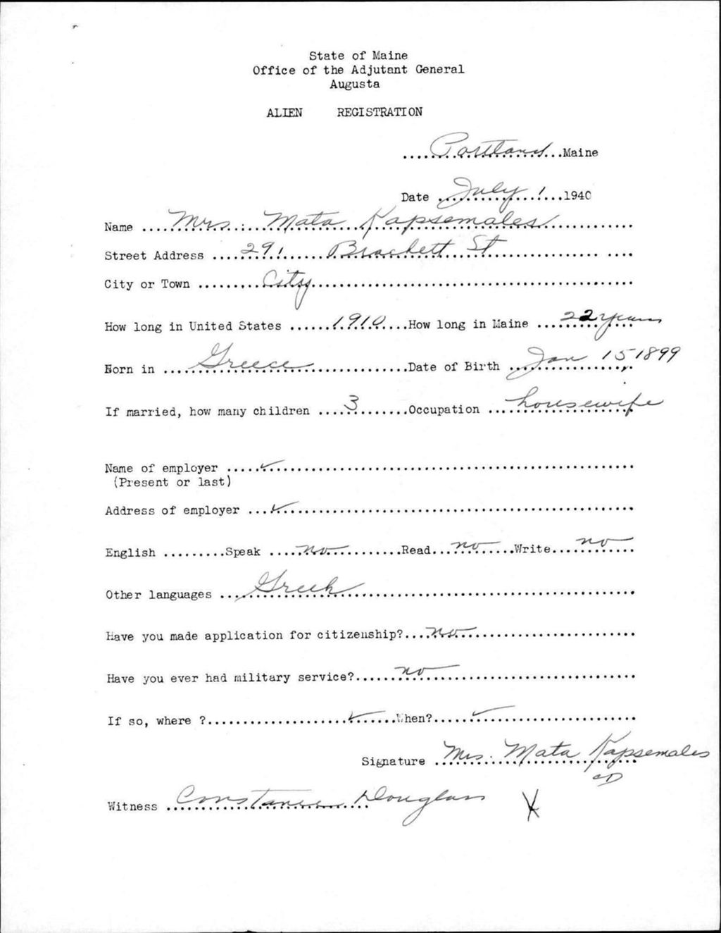 Miniature of Alien Registration- Kapsenales, Mata (Portland, Cumberland County)