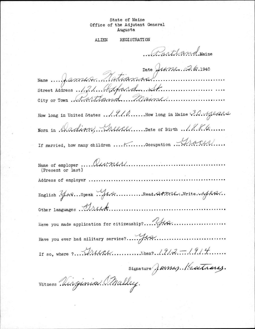 Miniature of Alien Registration- Katianos, James (Portland, Cumberland County)