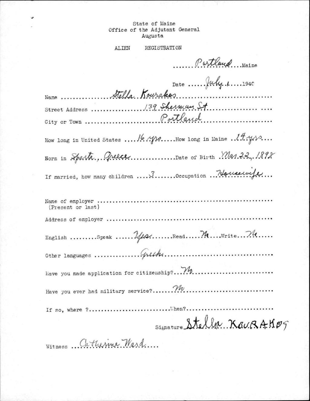 Miniature of Alien Registration- Kourakos, Stella (Portland, Cumberland County)