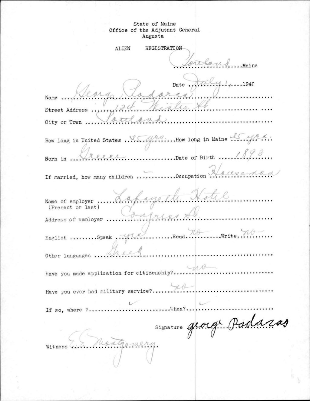 Miniature of Alien Registration- Padaras, George (Portland, Cumberland County)