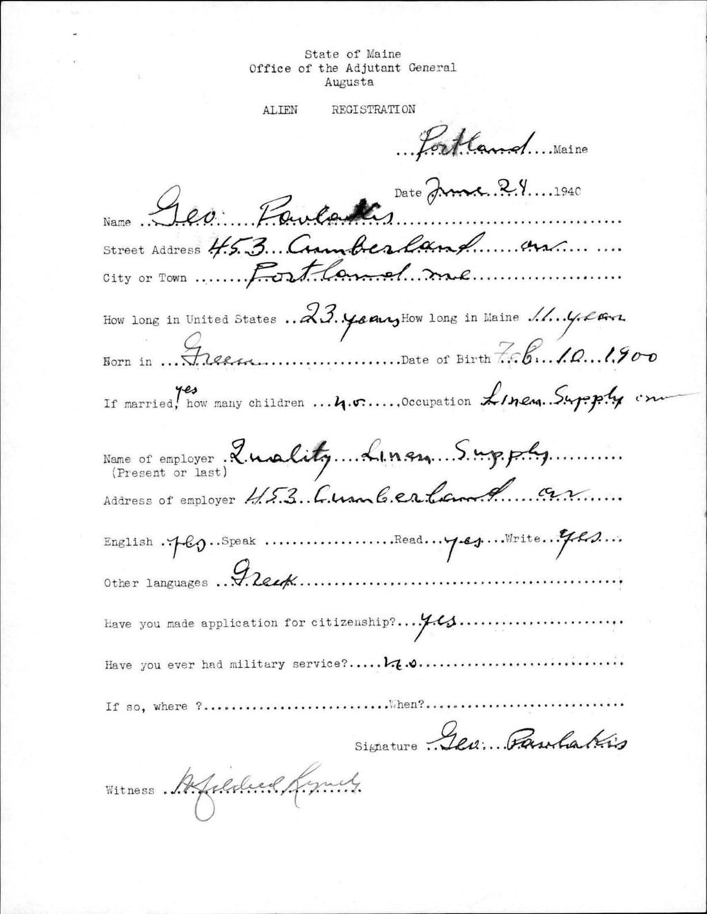 Miniature of Alien Registration- Paulakis, George (Portland, Cumberland County)