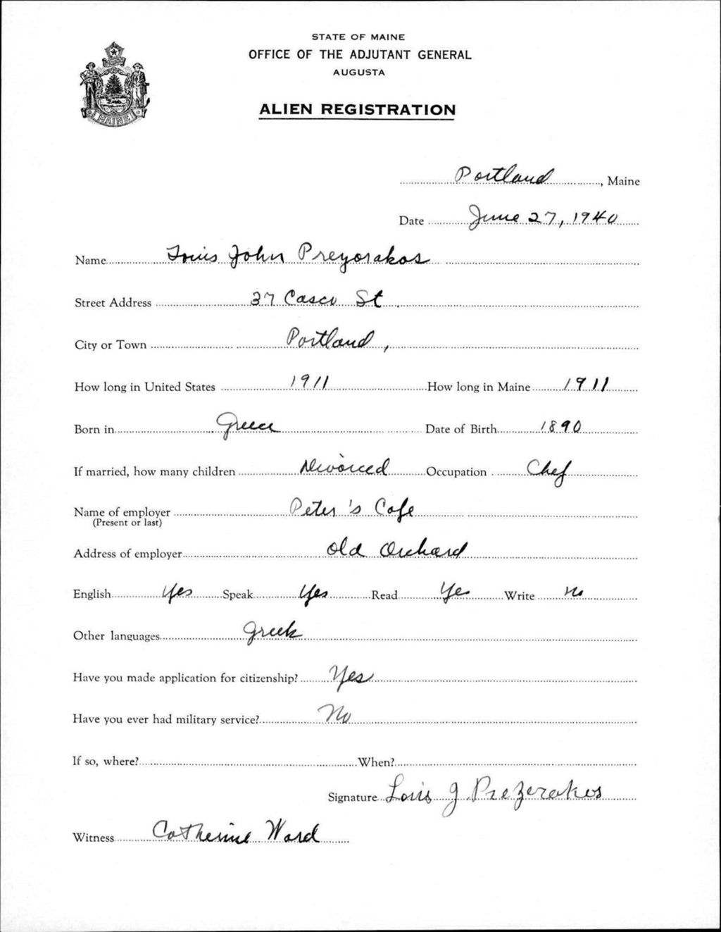 Miniature of Alien Registration- Prezerakos, Louis J. (Portland, Cumberland County)