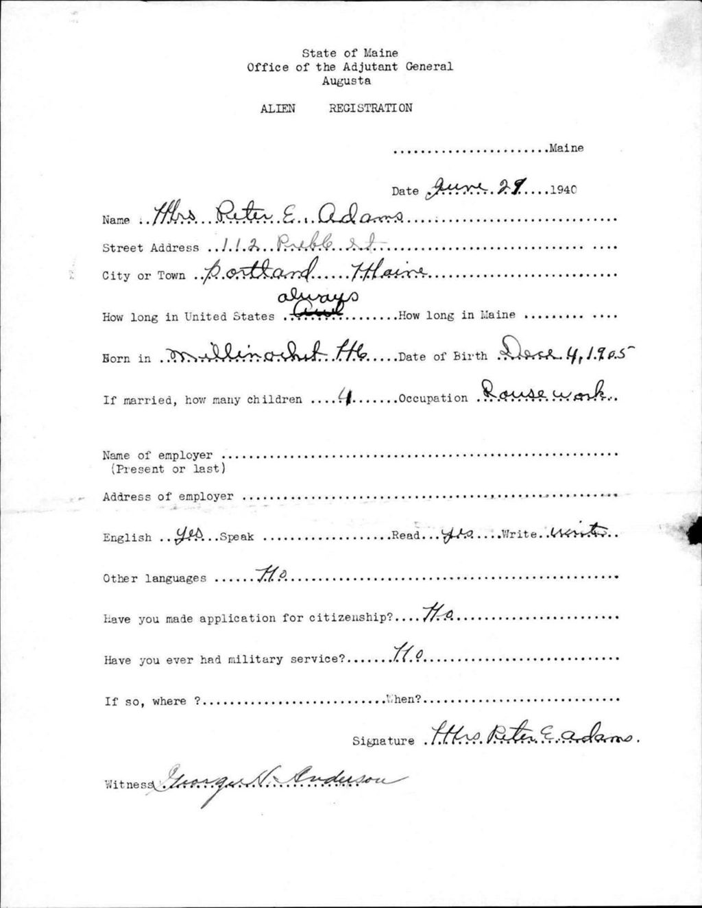 Miniature of Alien Registration- Adams, Peter E. (Portland, Cumberland County)