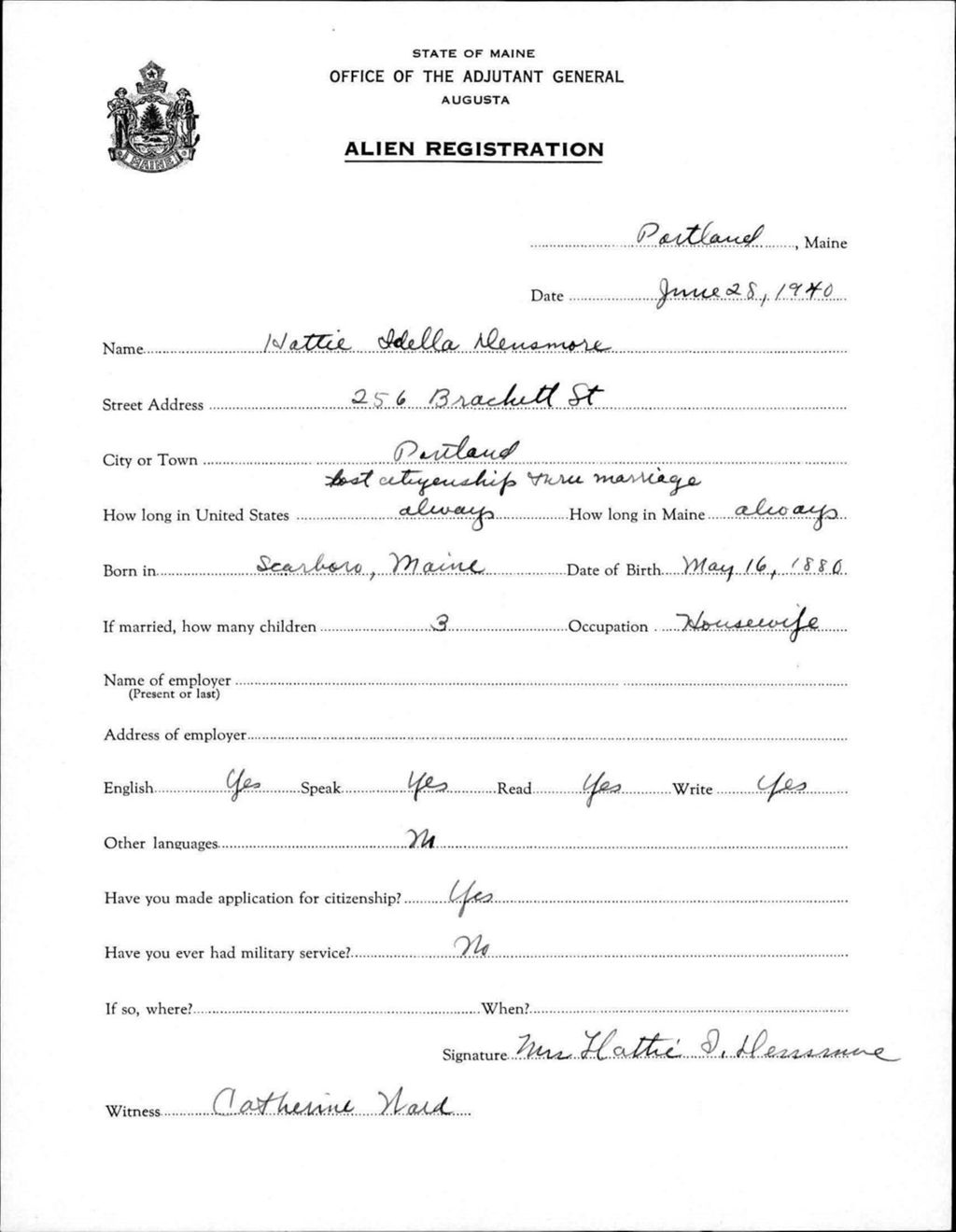 Miniature of Alien Registration- Densmore, Hattie I. (Portland, Cumberland County)