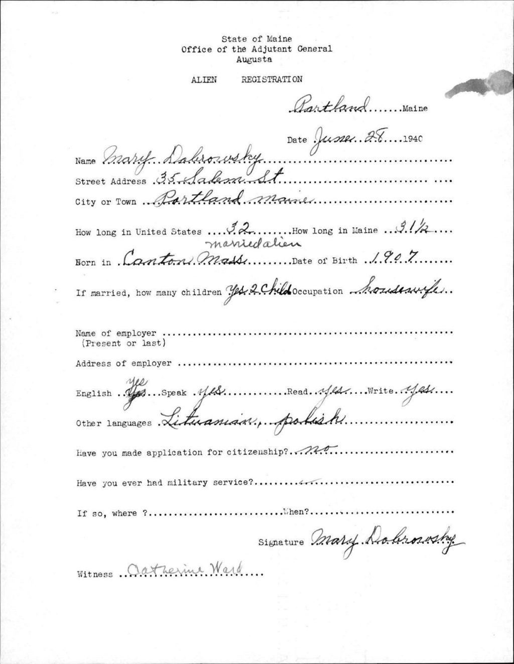 Miniature of Alien Registration- Dobrorosky, Mary (Portland, Cumberland County)