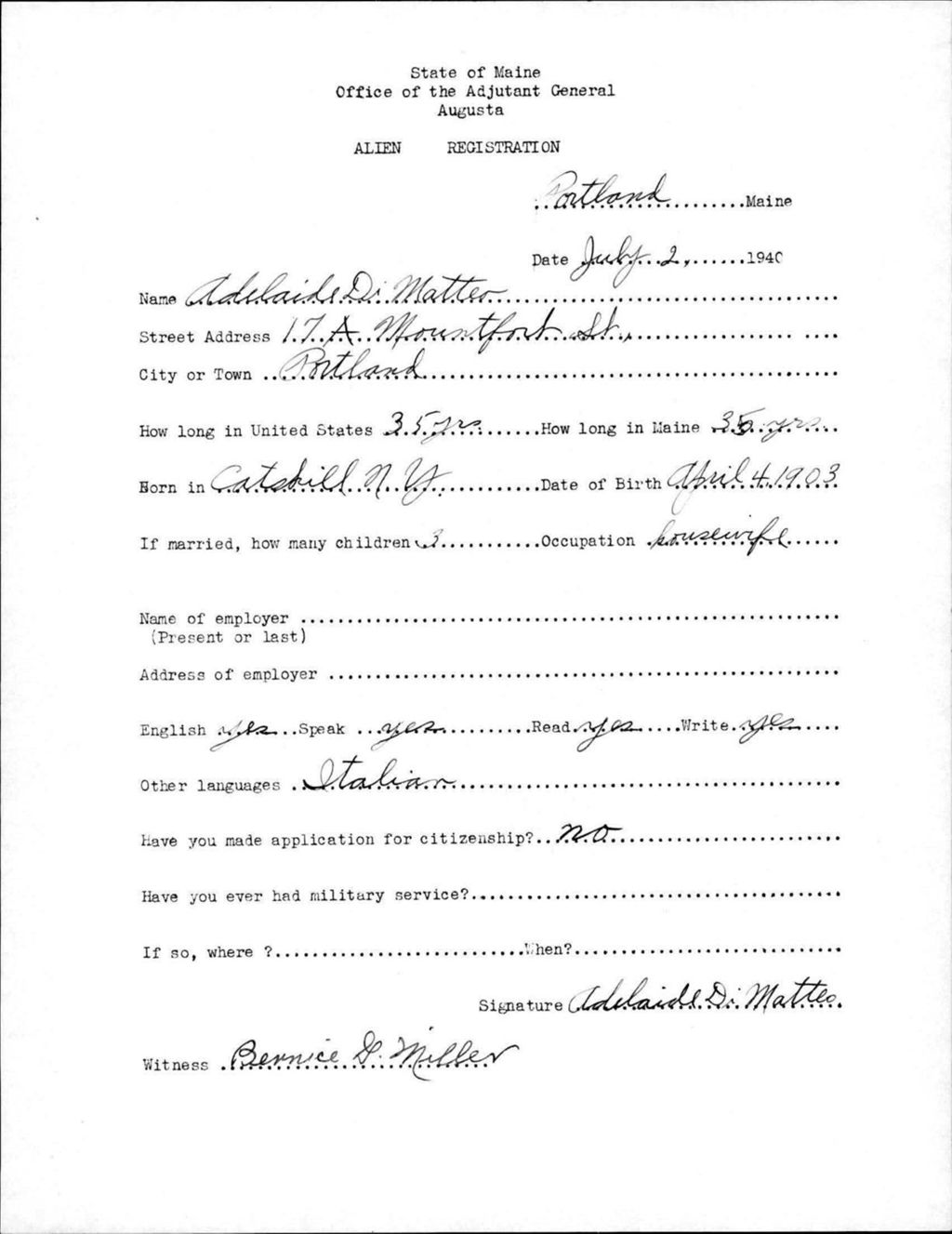 Miniature of Alien Registration- Matteo, Adelaide D. (Portland, Cumberland County)