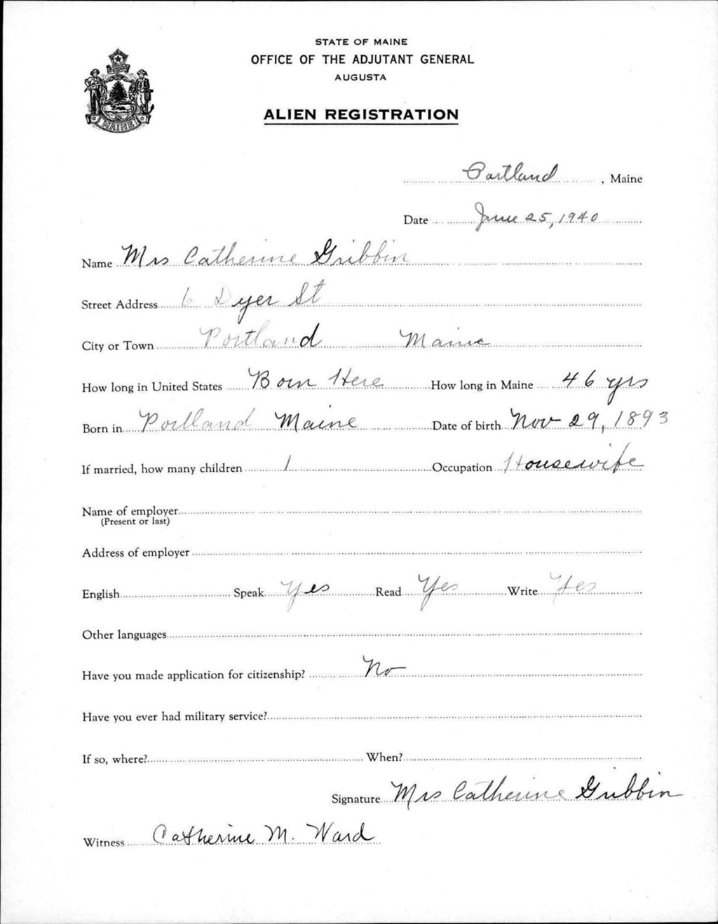 Miniature of Alien Registration- Gribbin, Catherine (Portland, Cumberland County)