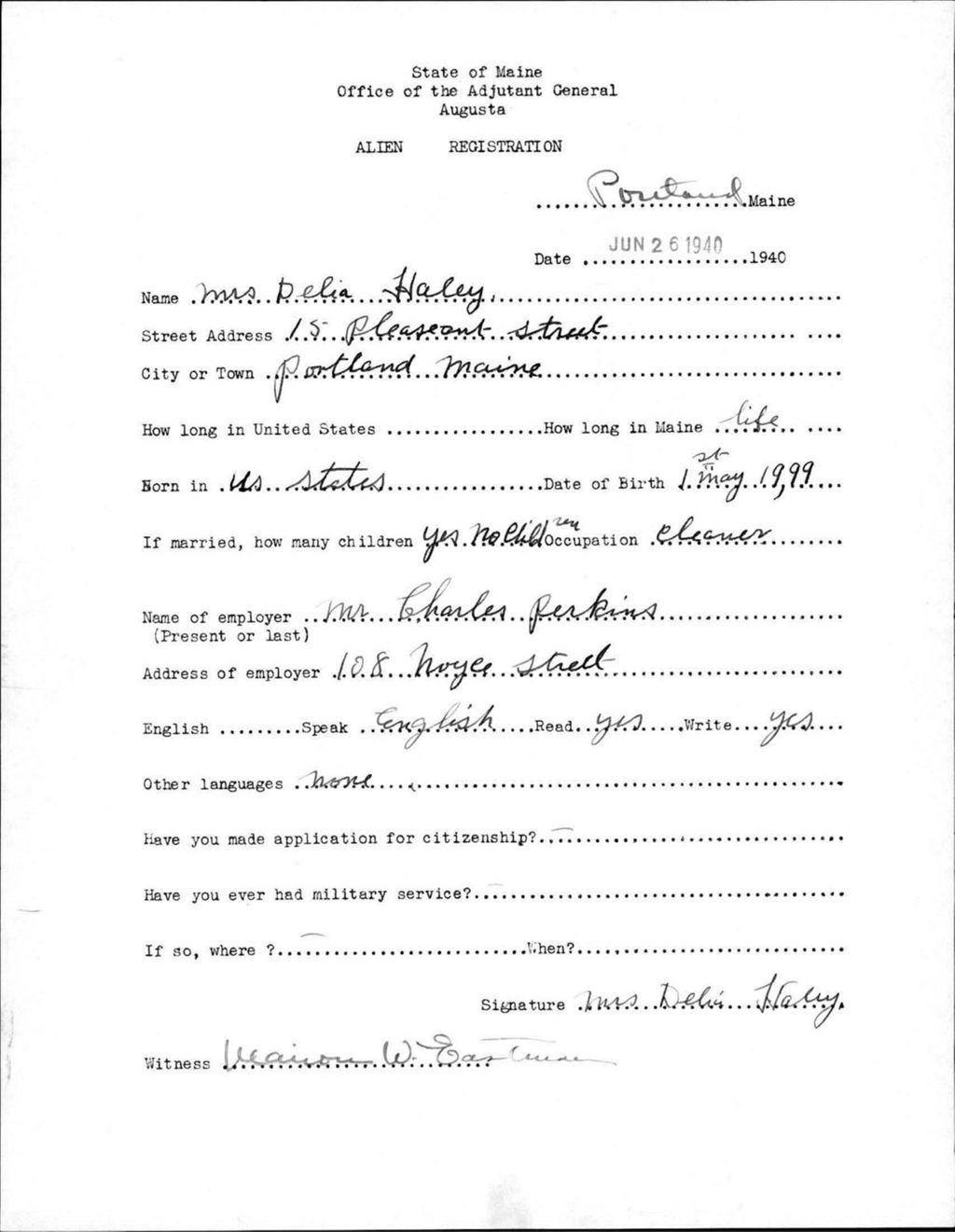 Miniature of Alien Registration- Haley, Delia (Portland, Cumberland County)