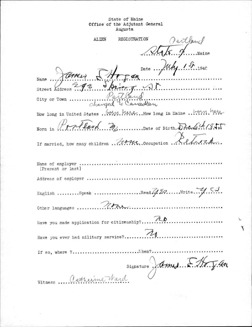 Miniature of Alien Registration- Hogan, James E. (Portland, Cumberland County)