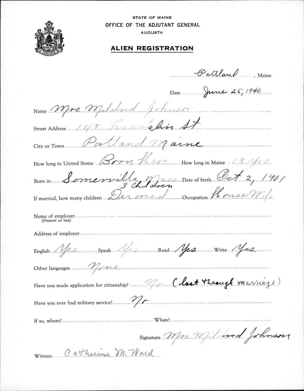 Miniature of Alien Registration- Johnson, Mildred (Portland, Cumberland County)