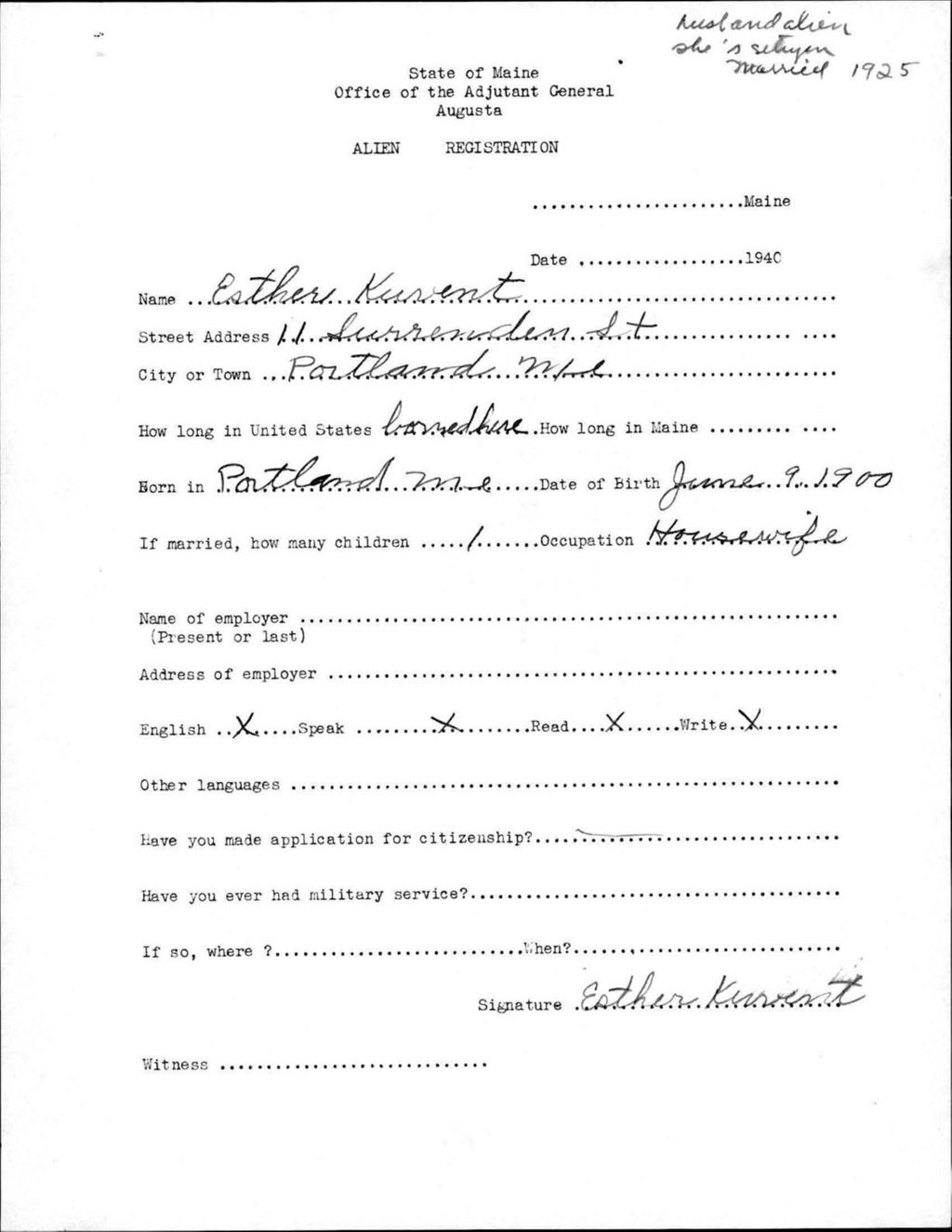 Miniature of Alien Registration- Kurent, Esther (Portland, Cumberland County)