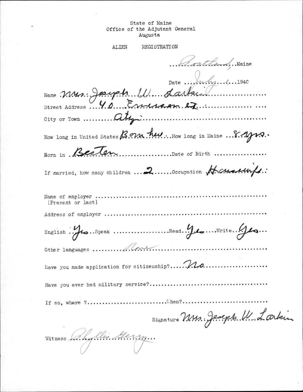 Miniature of Alien Registration- Larkin, Joseph W. (Portland, Cumberland County)