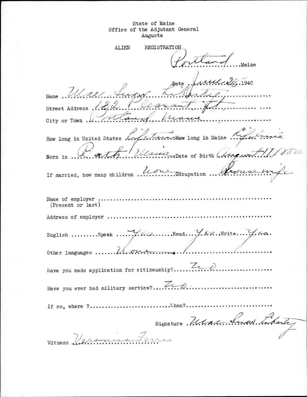 Miniature of Alien Registration- Snow, Mae (Portland, Cumberland County)