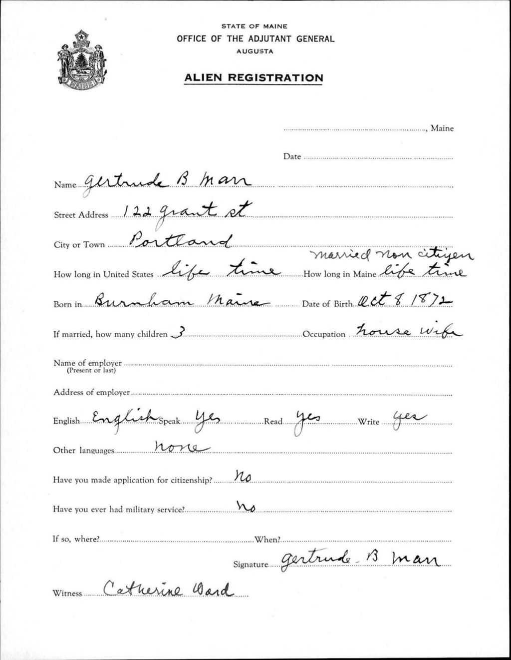 Miniature of Alien Registration- Marr, Gertrude B. (Portland, Cumberland County)
