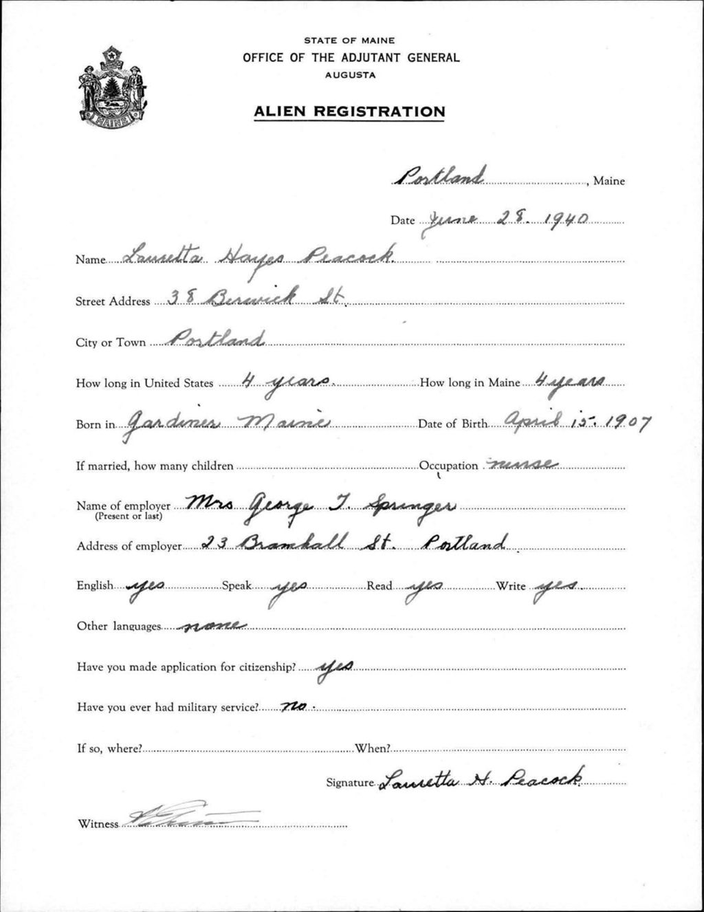 Miniature of Alien Registration- Hayes, Lauretta (Portland, Cumberland County)