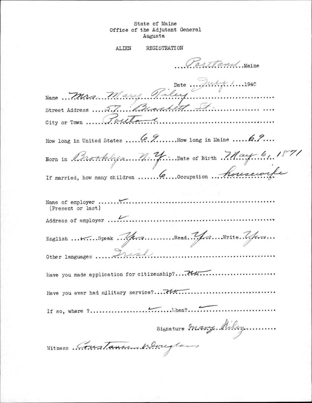 Miniature of Alien Registration- Riley, Mary (Portland, Cumberland County)