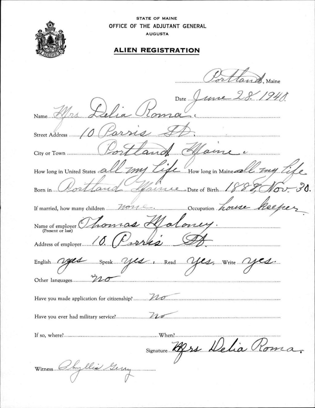 Miniature of Alien Registration- Roma, Delia (Portland, Cumberland County)