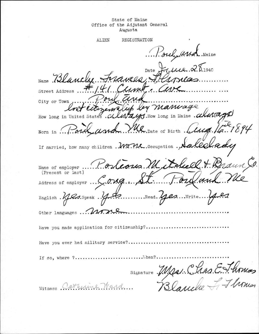 Miniature of Alien Registration- Thomas, Blanche F. (Portland, Cumberland County)