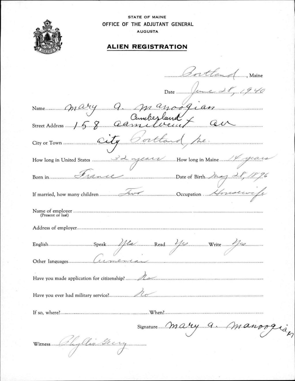 Miniature of Alien Registration- Manoogian, Mary A. (Portland, Cumberland County)