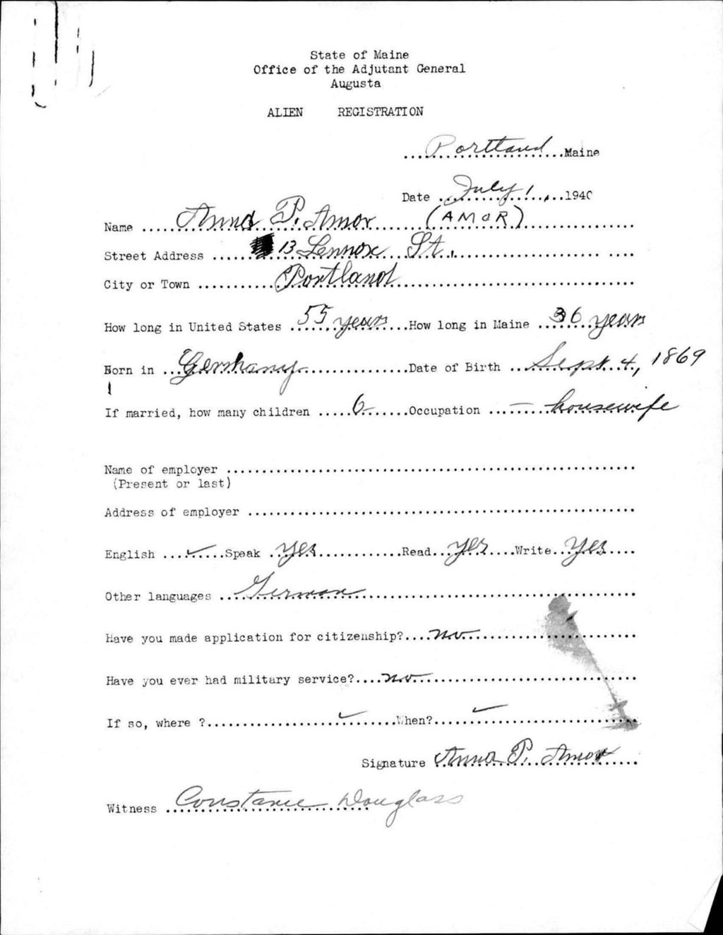 Miniature of Alien Registration- Amor, Anna P. (Portland, Cumberland County)