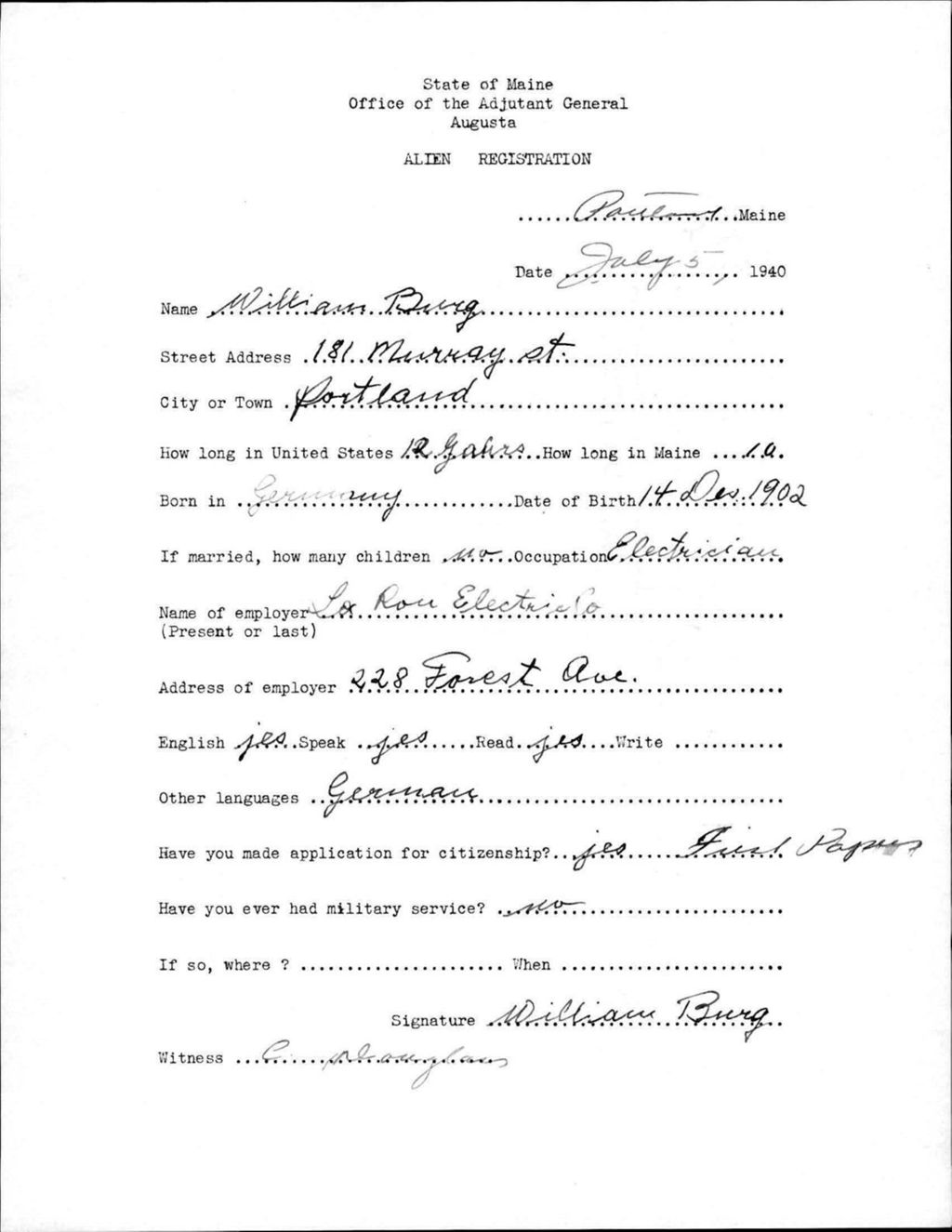 Miniature of Alien Registration- Berg, William (Portland, Cumberland County)