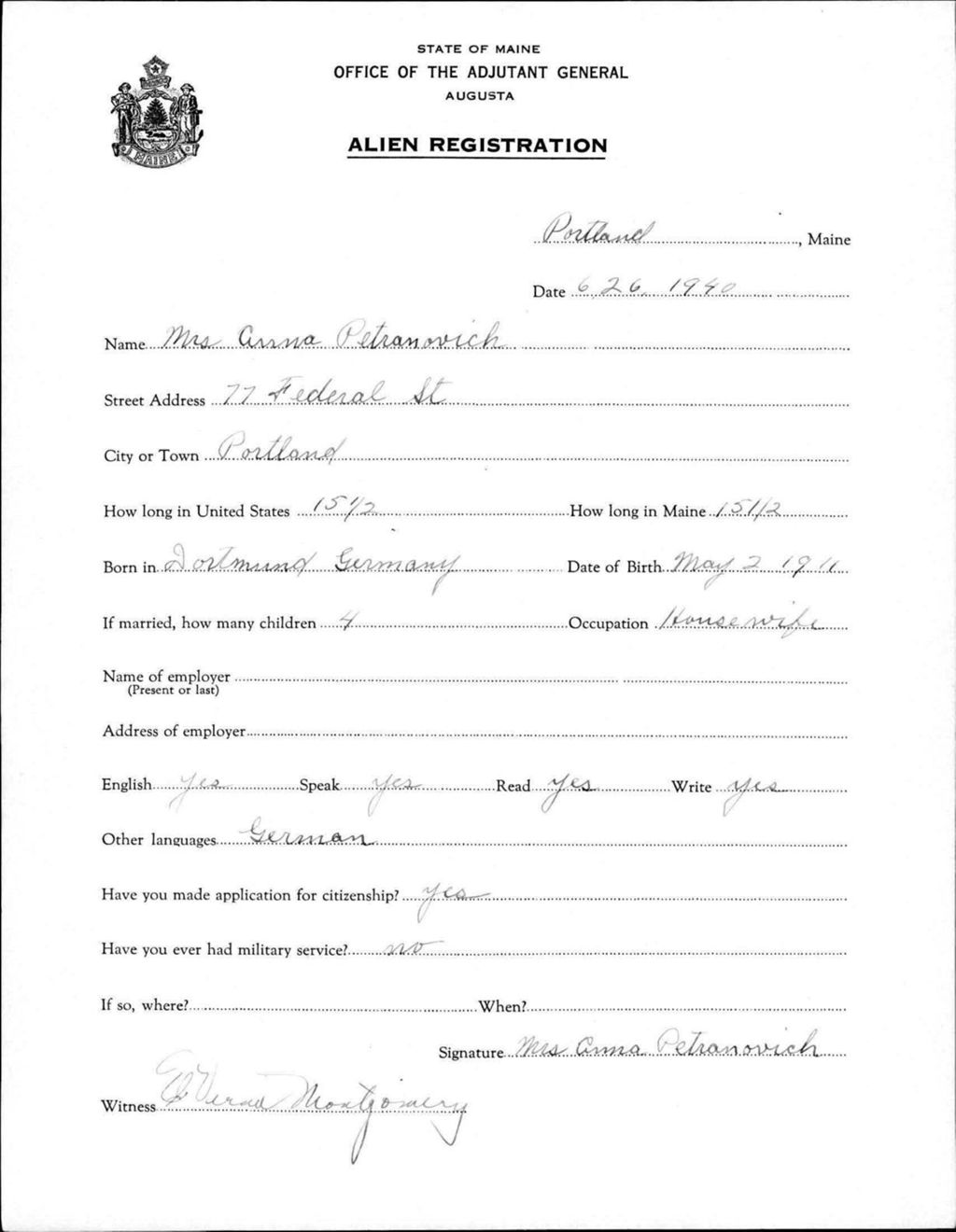 Miniature of Alien Registration- Petranovich, Anna (Portland, Cumberland County)
