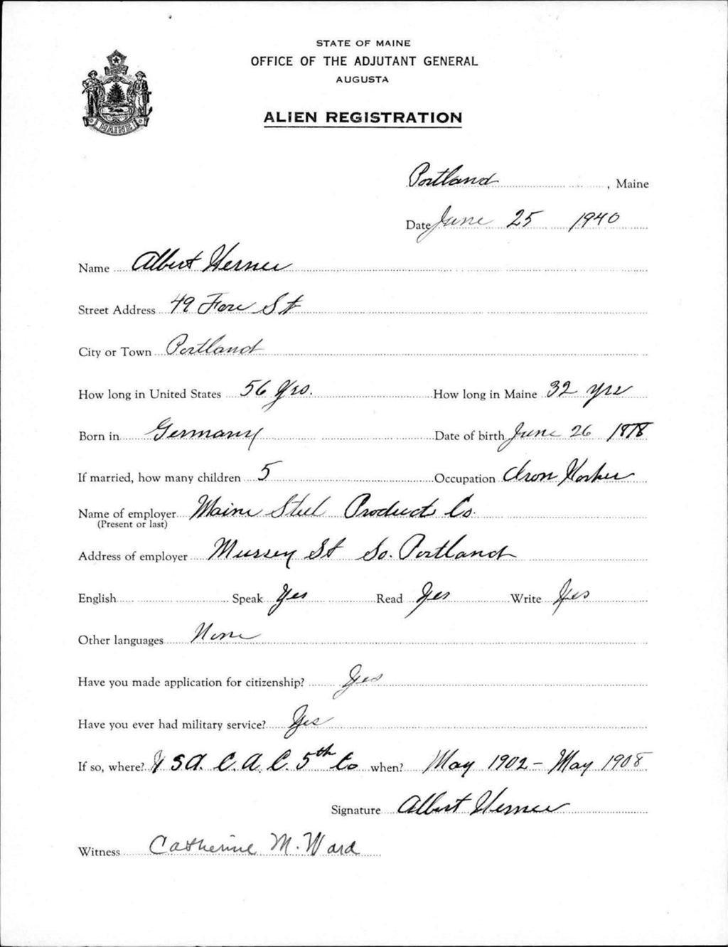 Miniature of Alien Registration- Herner, Albert (Portland, Cumberland County)