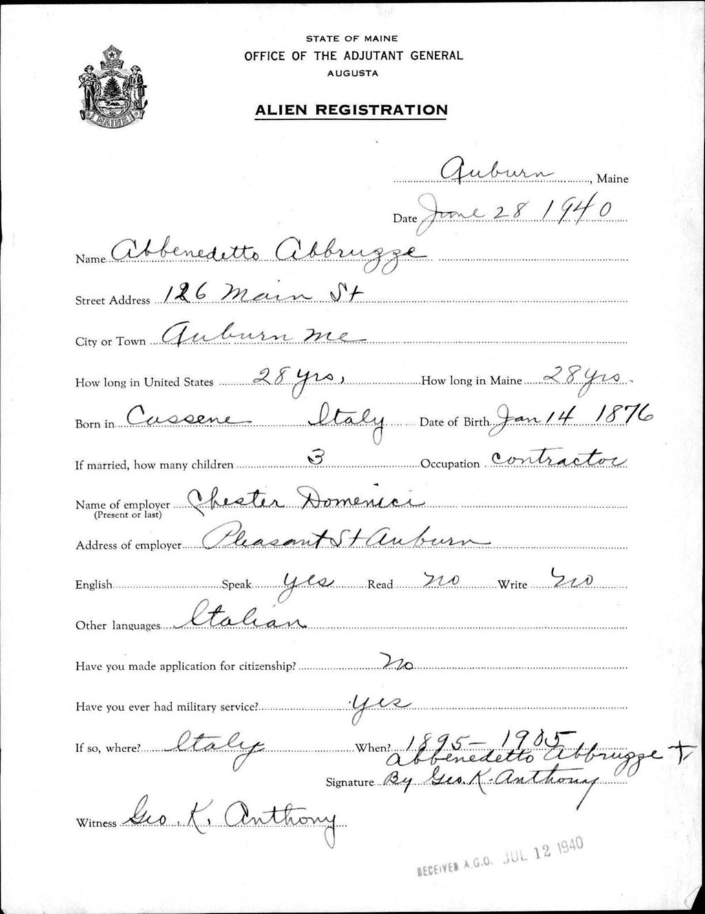 Miniature of Alien Registration- Abbruzze, Abbenedetto (Auburn, Androscoggin County)