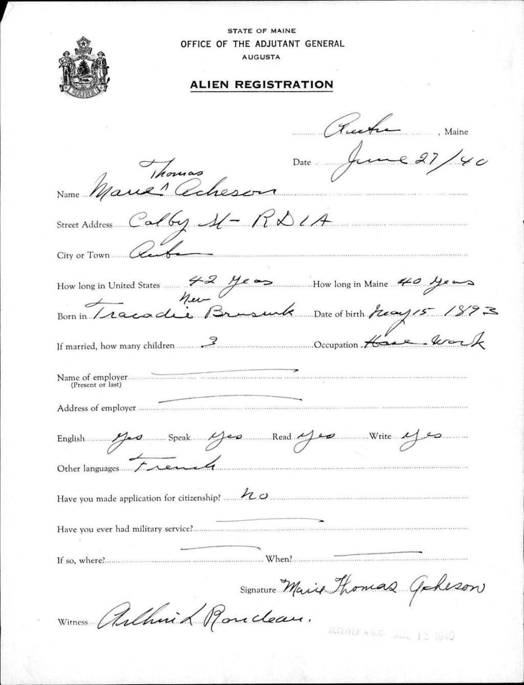 Miniature of Alien Registration- Thomas, Marie (Auburn, Androscoggin County)