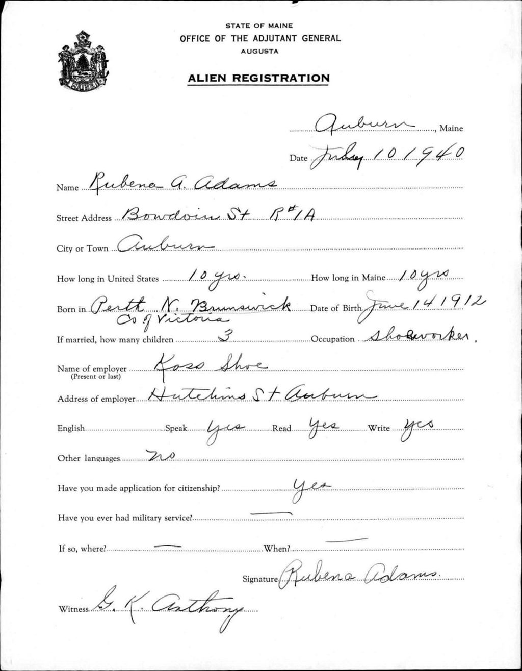 Miniature of Alien Registration- Adams, Rubena A. (Auburn, Androscoggin County)