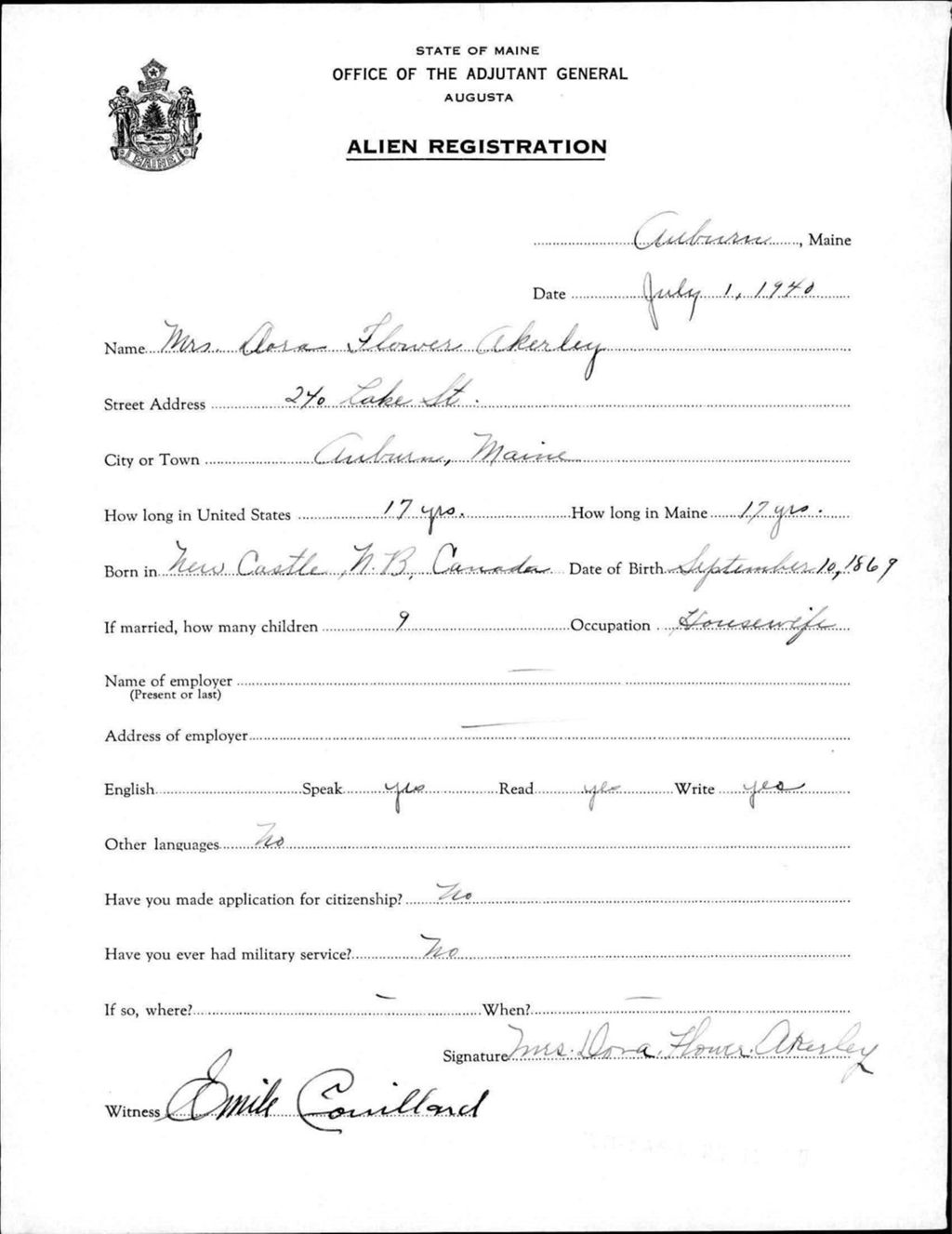 Miniature of Alien Registration- Akerley, Dora F. (Auburn, Androscoggin County)