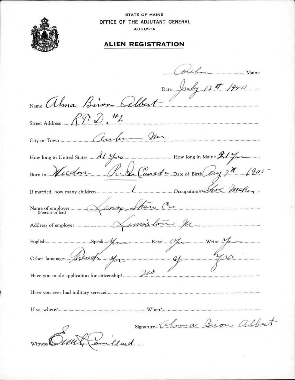 Miniature of Alien Registration- Biron, Alma (Auburn, Androscoggin County)