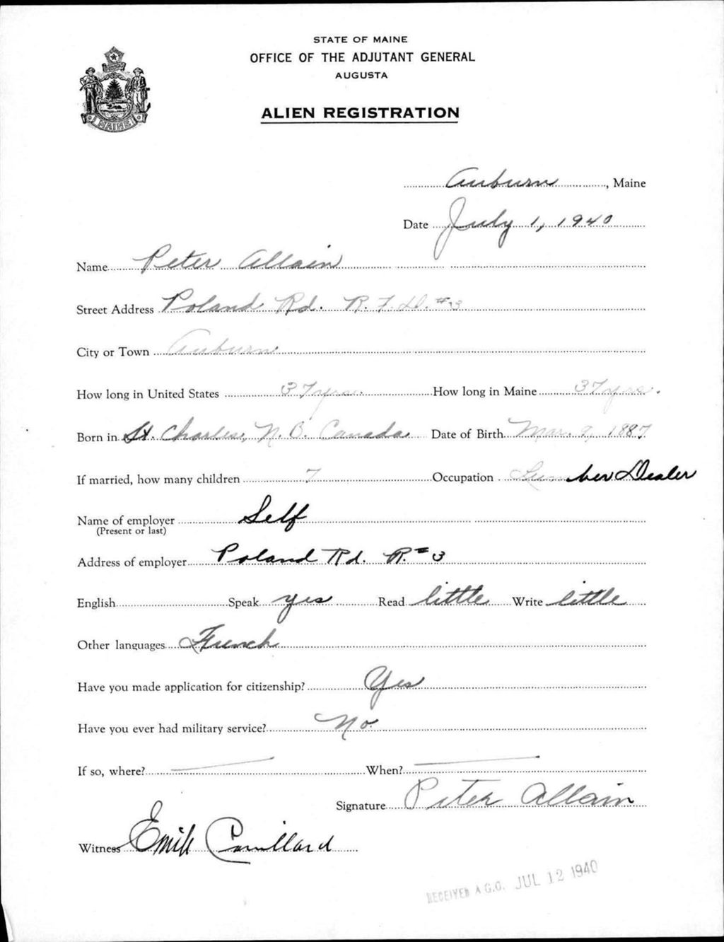 Miniature of Alien Registration- Allain, Peter (Auburn, Androscoggin County)