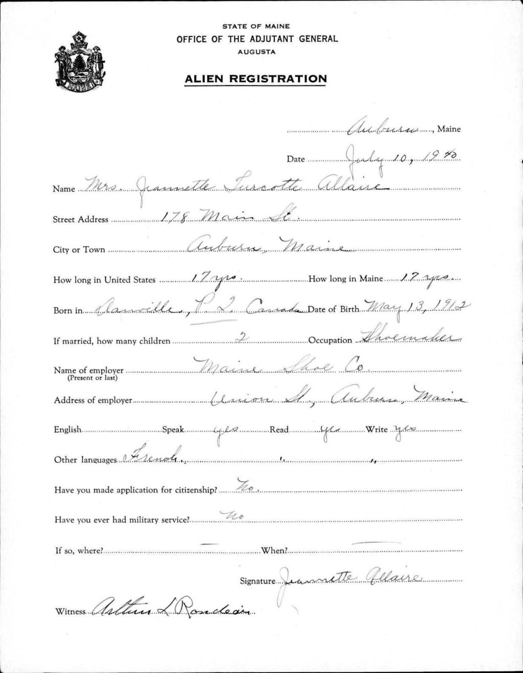 Miniature of Alien Registration- Turcotte, Jeannette (Auburn, Androscoggin County)