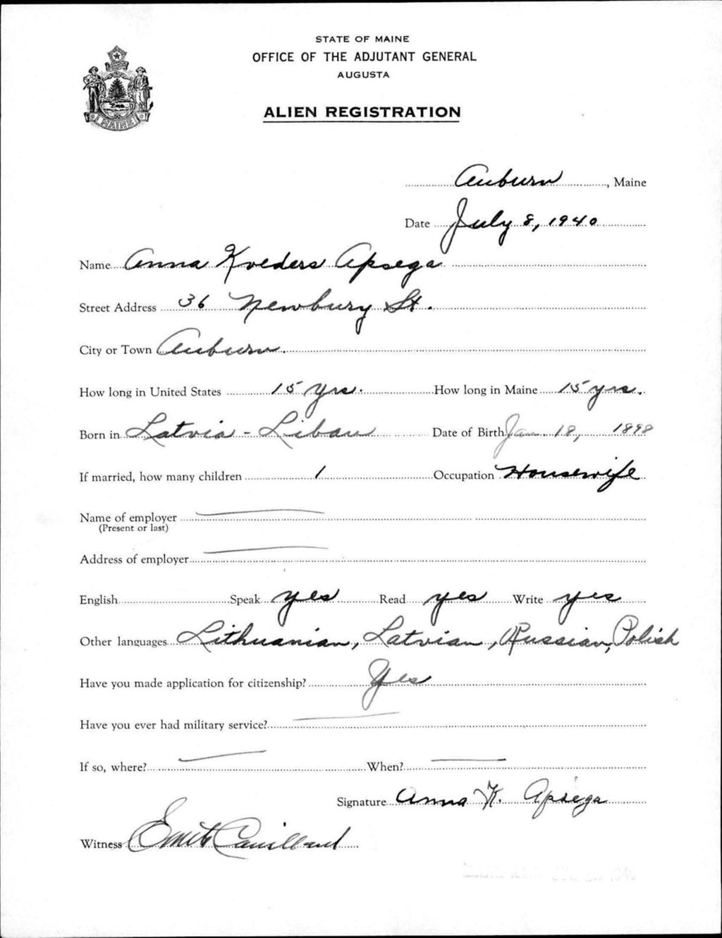 Miniature of Alien Registration- Kveders, Anna (Auburn, Androscoggin County)