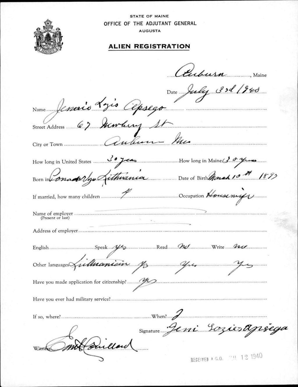 Miniature of Alien Registration- Lazier, Jennie (Auburn, Androscoggin County)