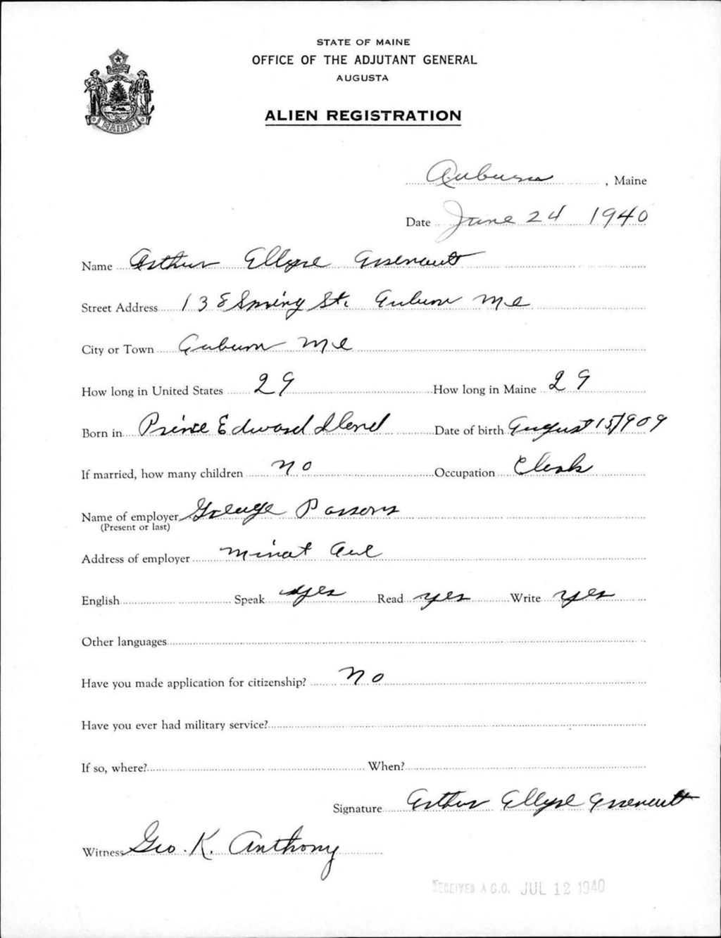Miniature of Alien Registration- Arsenault, Arthur E. (Auburn, Androscoggin County)
