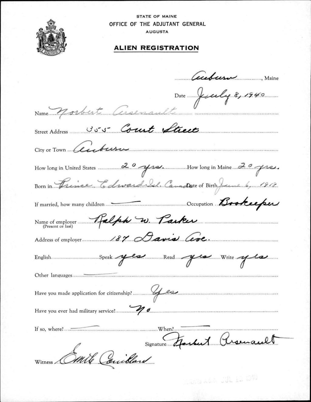 Miniature of Alien Registration- Arsenault, Noebert (Auburn, Androscoggin County)