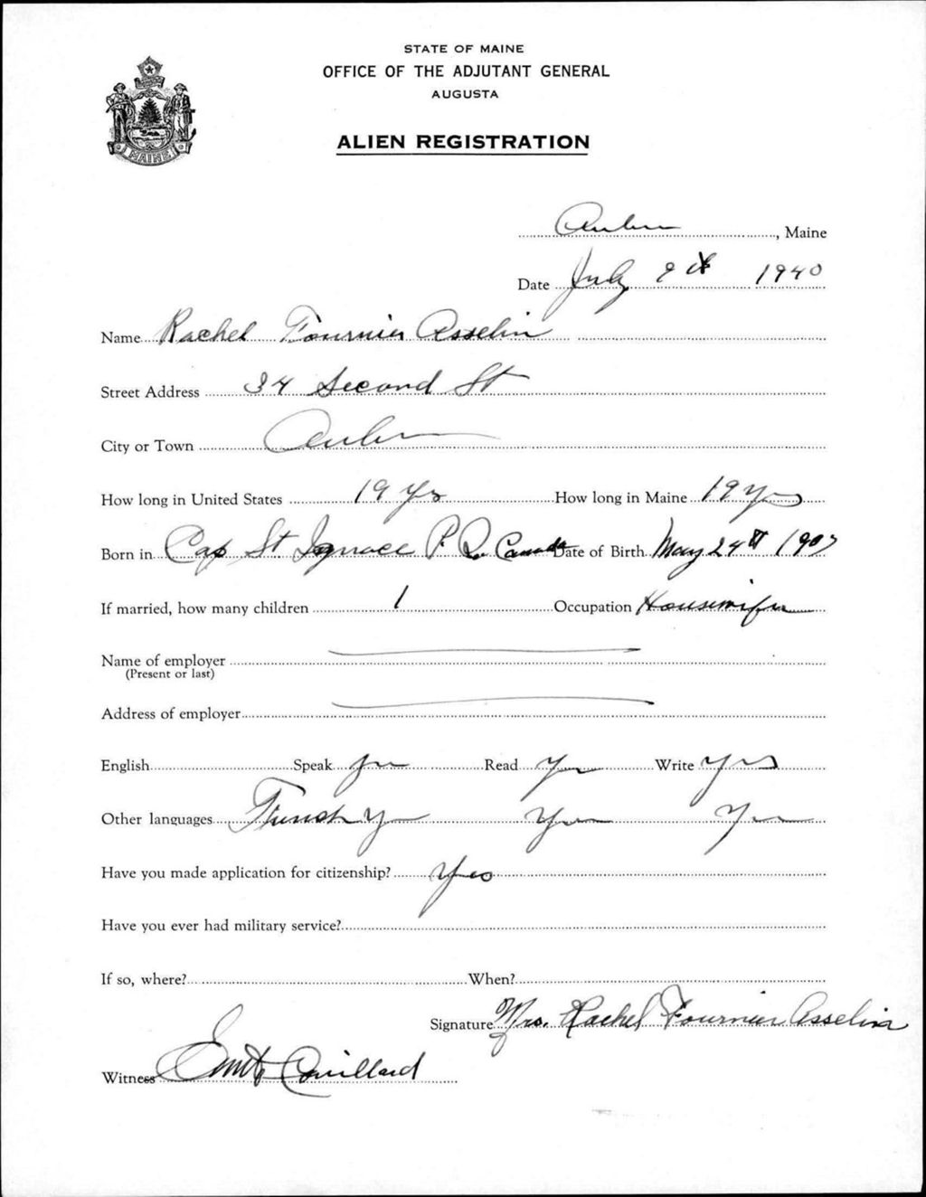 Miniature of Alien Registration- Fournier, Rachel (Auburn, Androscoggin County)