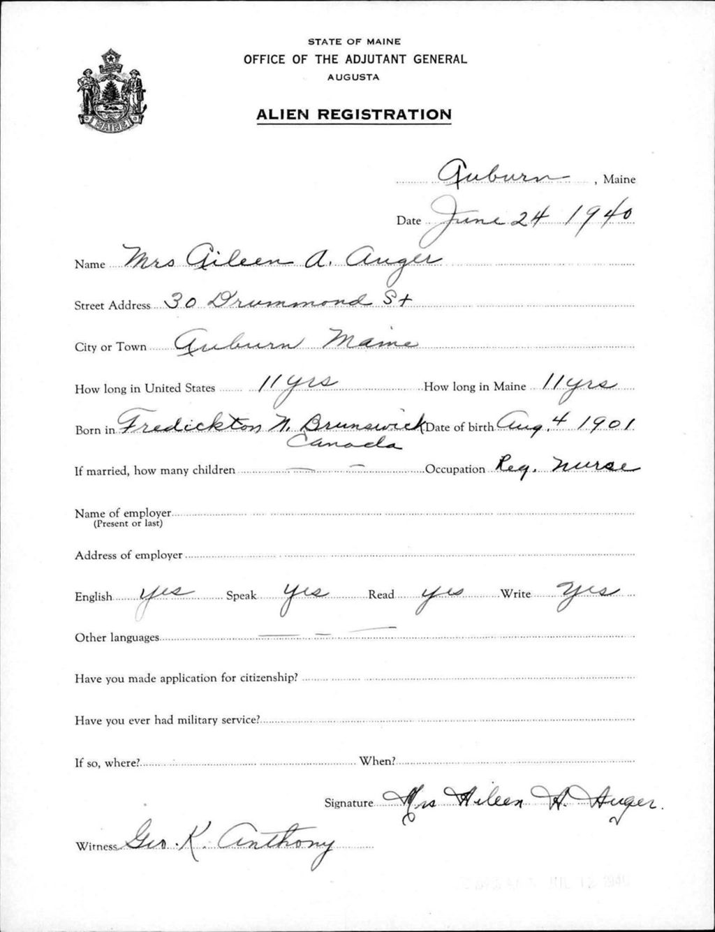 Miniature of Alien Registration- Auger, Aileen A. (Auburn, Androscoggin County)