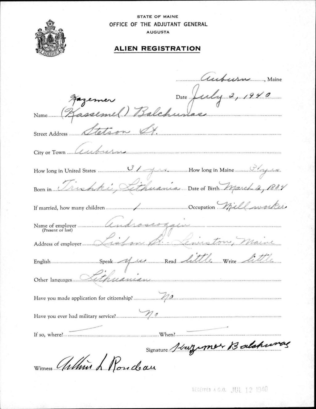 Miniature of Alien Registration- Balchussas, Kazemer (Auburn, Androscoggin County)
