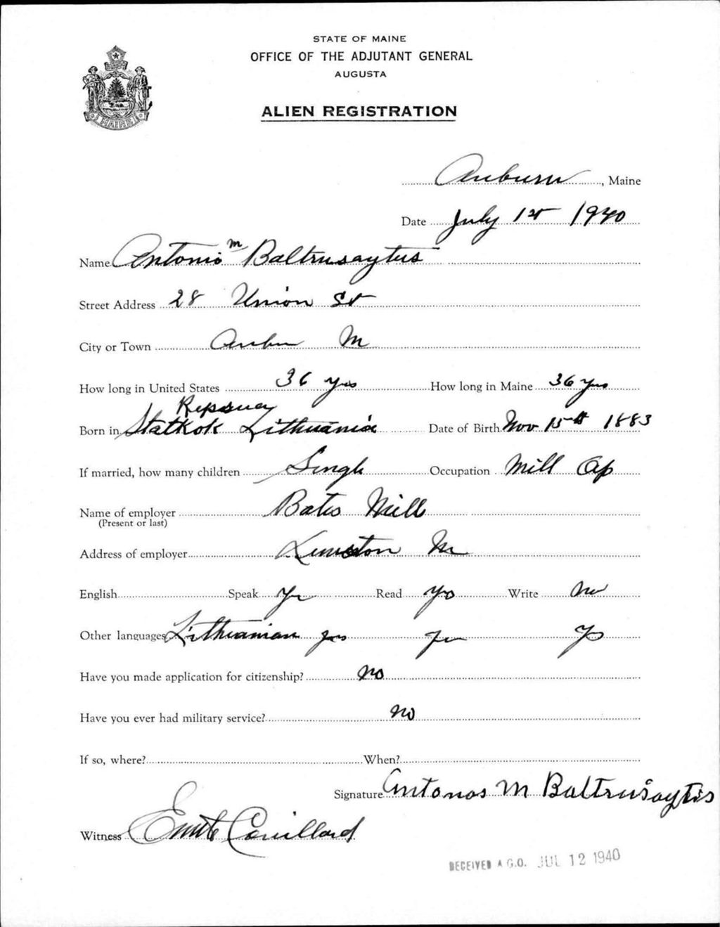 Miniature of Alien Registration- Baltrusaytus, Antonio M. (Auburn, Androscoggin County)