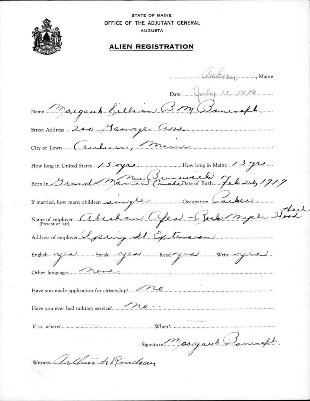 Miniature of Alien Registration- Bancroft, Margaret Lillian B M. (Auburn, Androscoggin County)