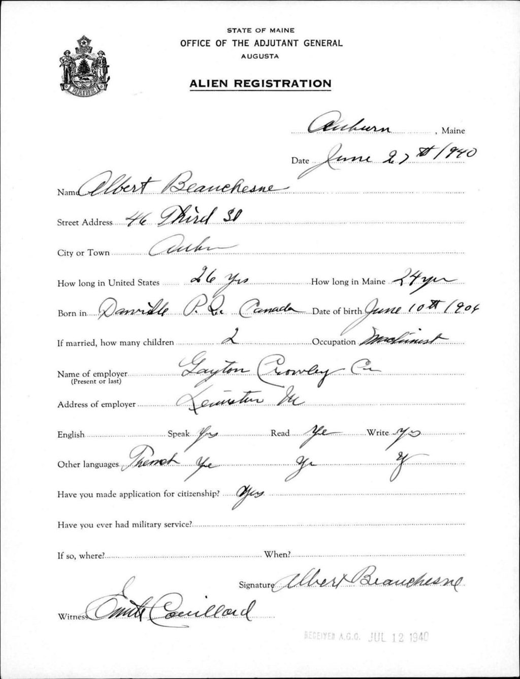 Miniature of Alien Registration- Beauchesne, Albert (Auburn, Androscoggin County)