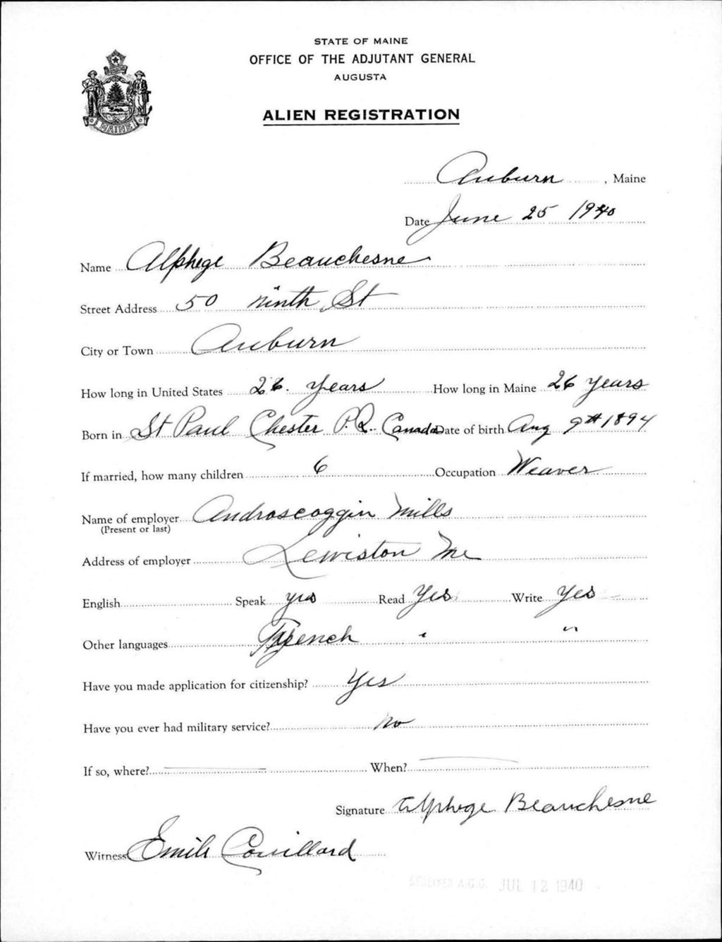 Miniature of Alien Registration- Beauchesne, Alphege (Auburn, Androscoggin County)