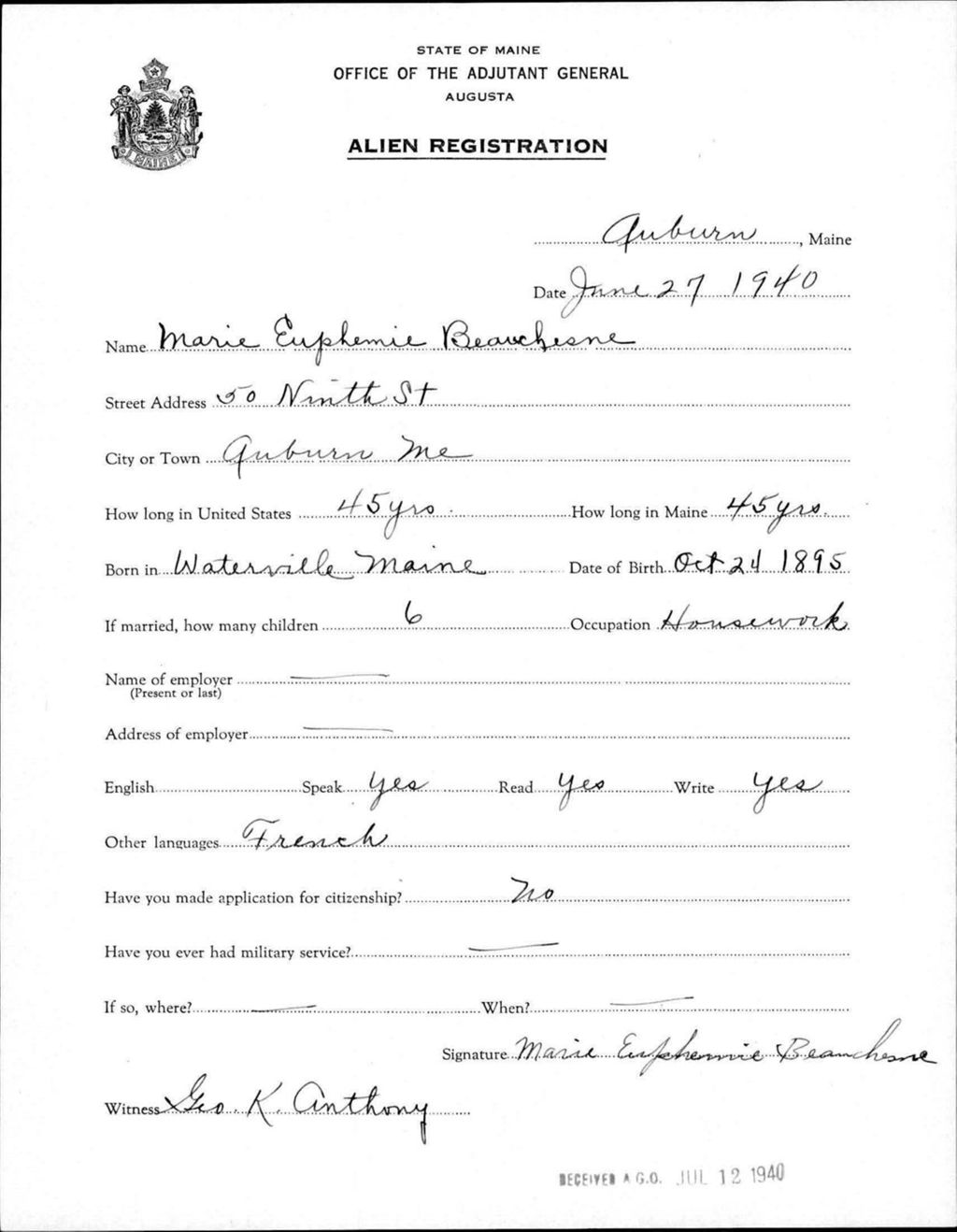 Miniature of Alien Registration- Beauchesne, Marei E. (Auburn, Androscoggin County)