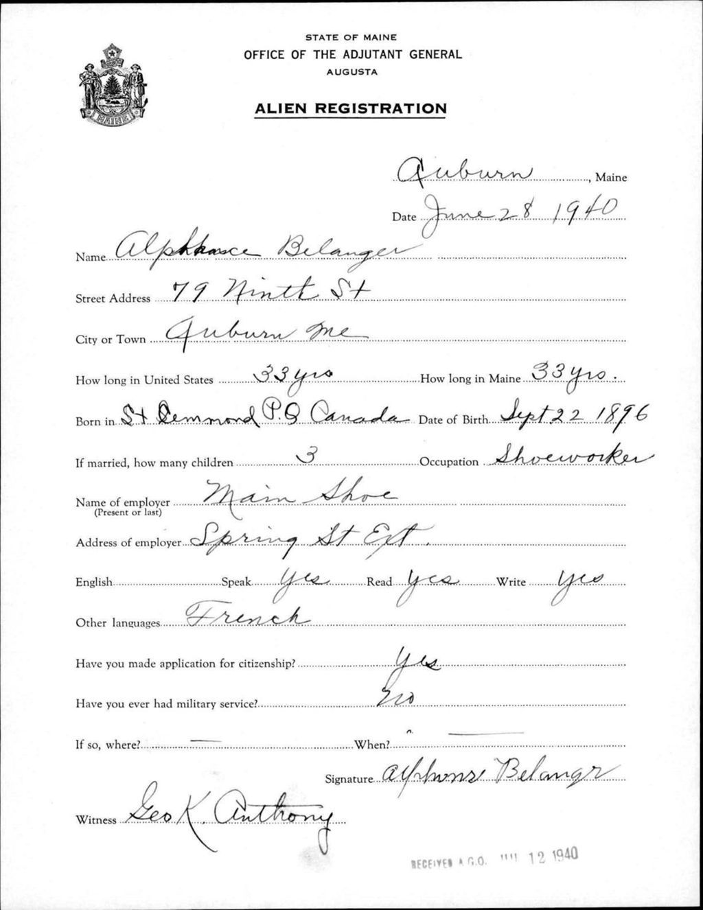 Miniature of Alien Registration- Belanger, Alphonse (Auburn, Androscoggin County)