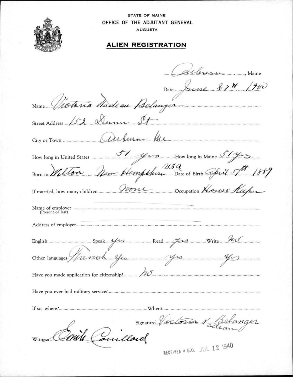 Miniature of Alien Registration- Nadeau, Victoria (Auburn, Androscoggin County)